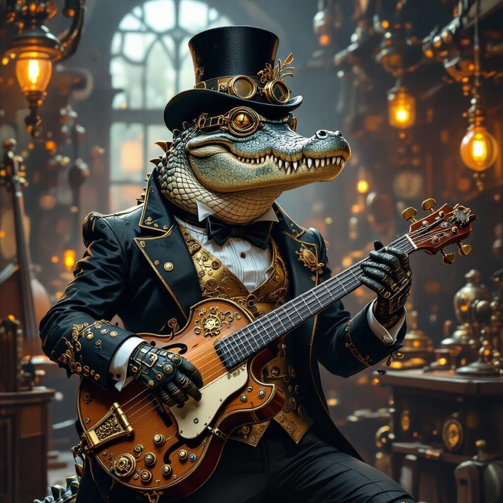 Steampunk Crocodile Musician with Double Bass