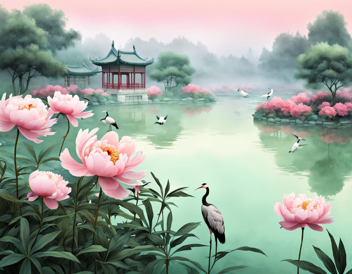 Ethereal Watercolor Peony Garden in Soft Golden Light