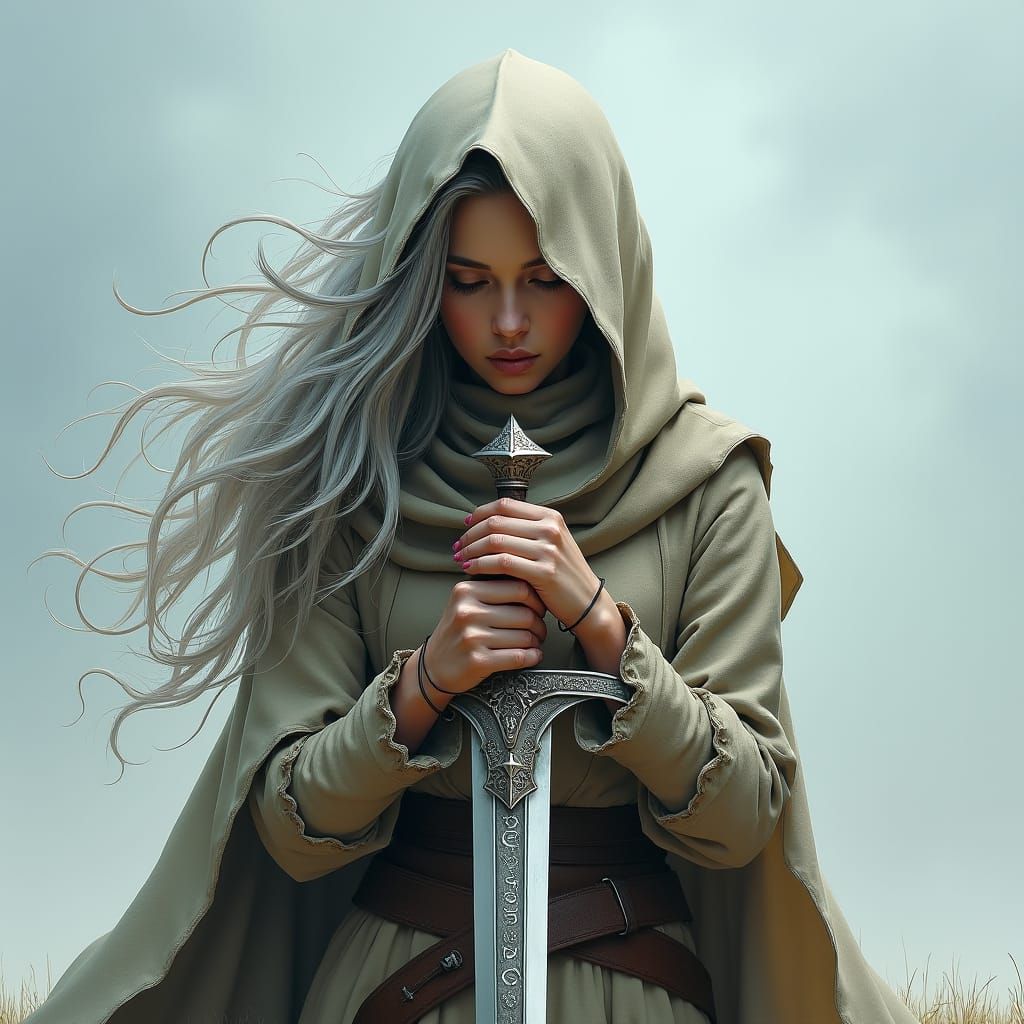 Hooded Paladin with Runed Sword in Fantasy Art Style