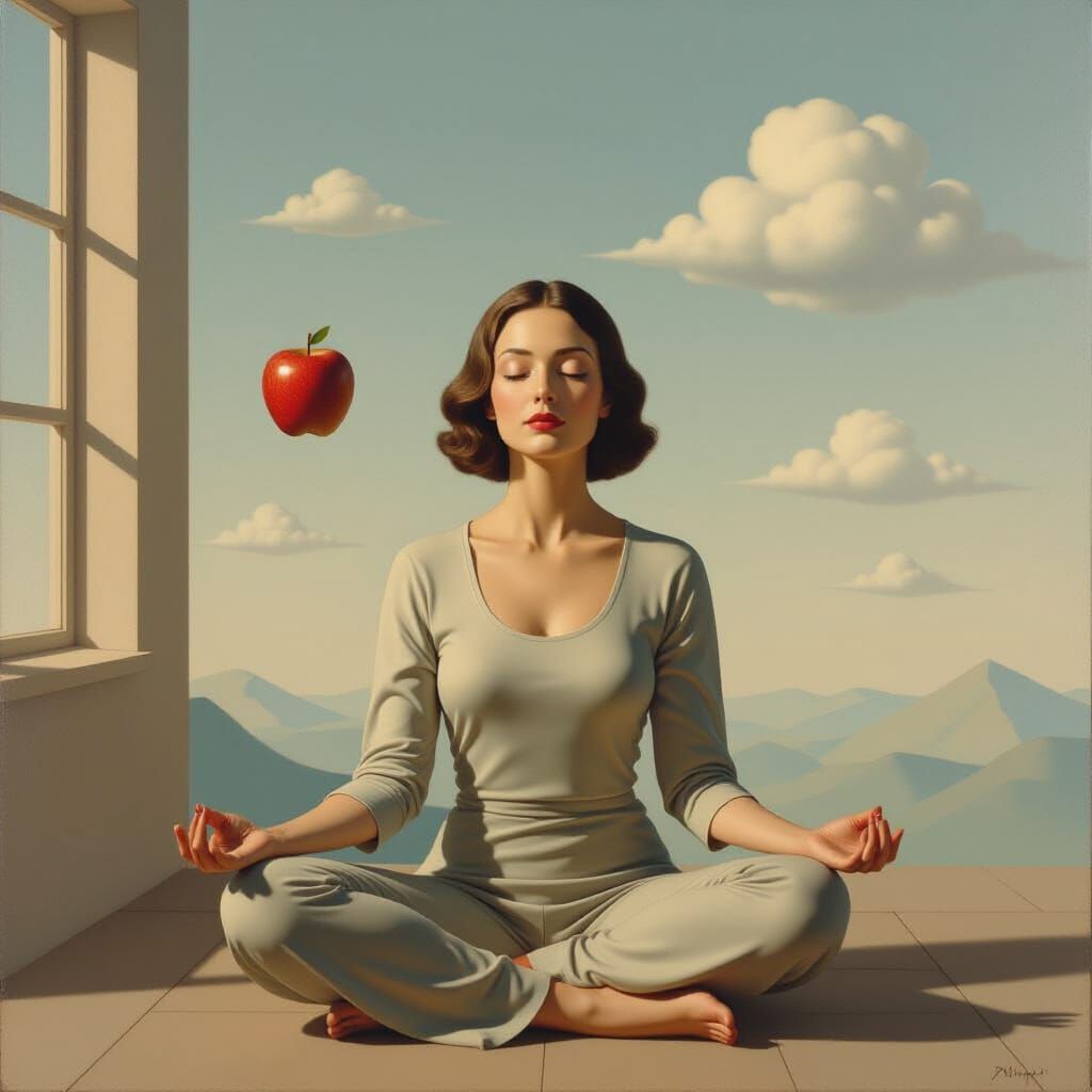 Mature Woman Meditating in Surrealist Style