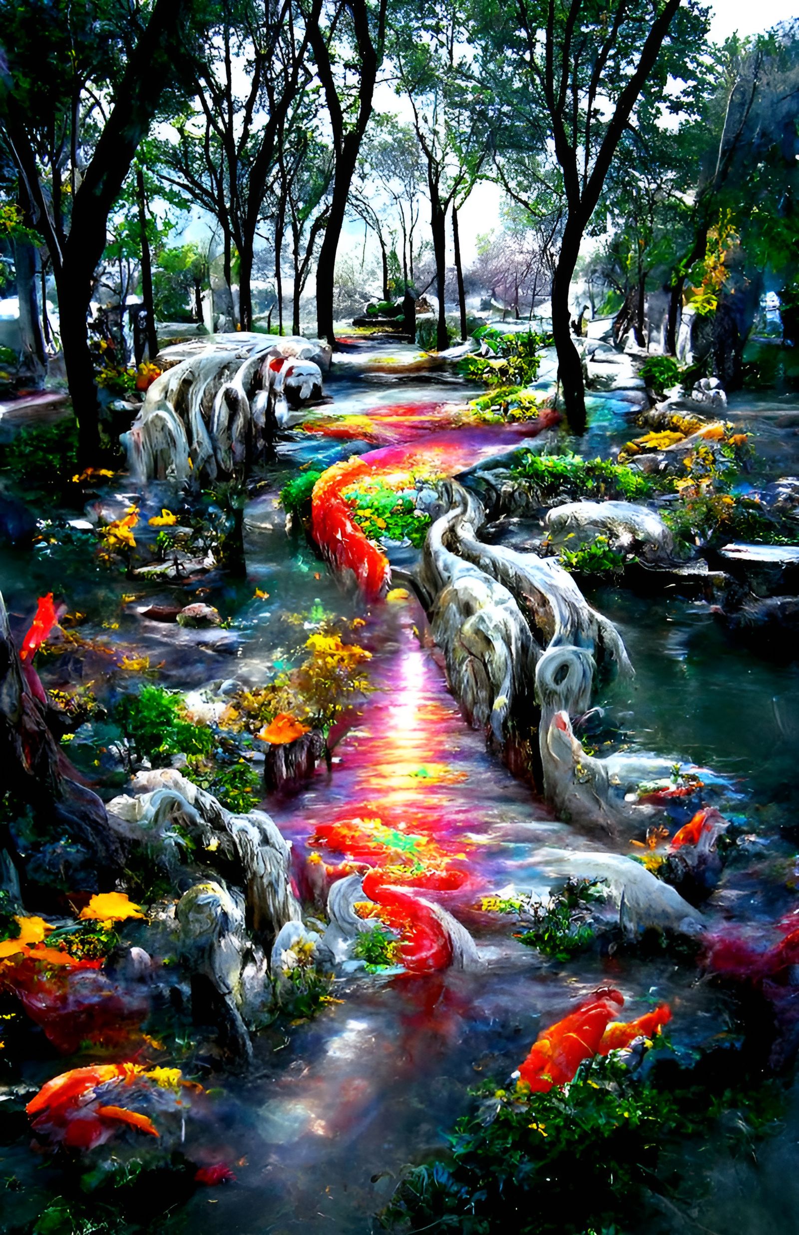 Koi River Through Spiritual Animal Forest