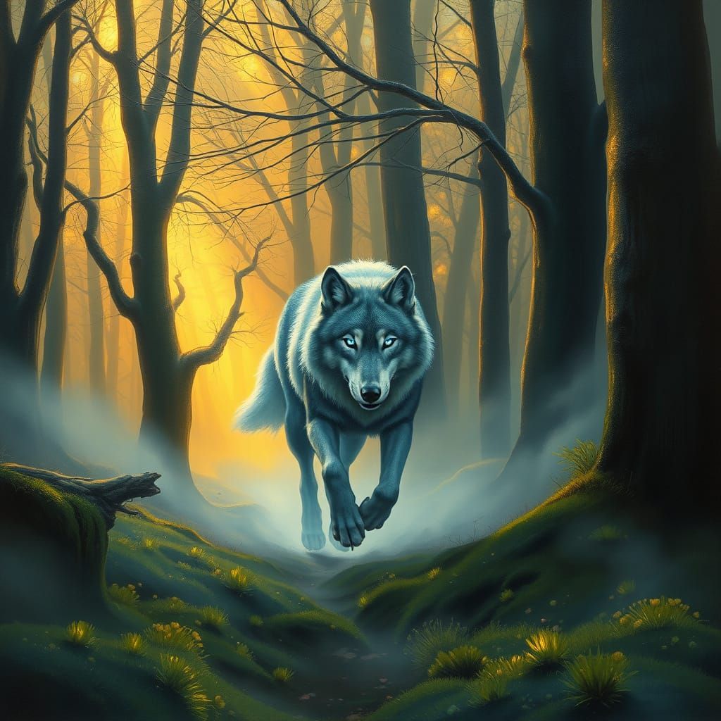 Ethereal Wolf in Misty Forest: An Oil Painting