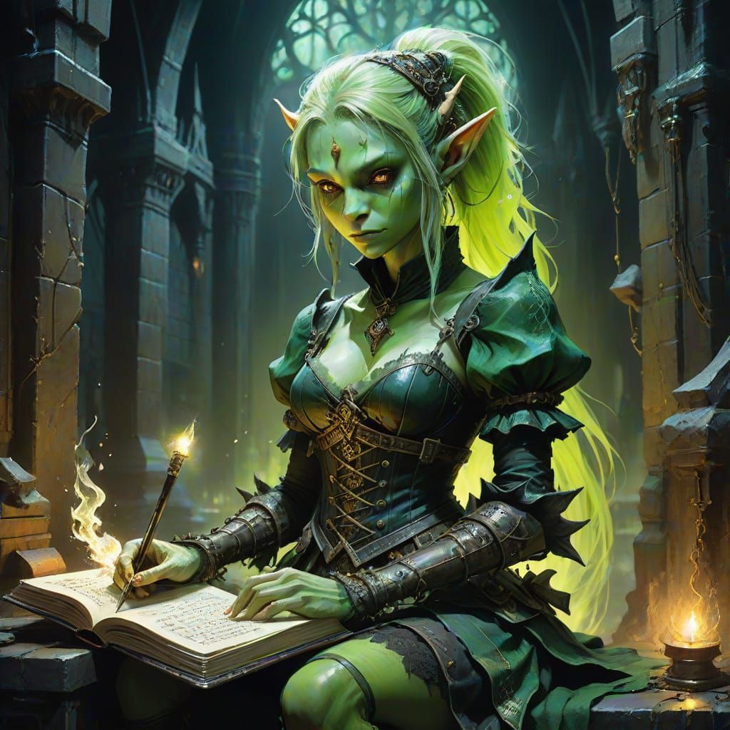 Elegant Goblin Scribe in Dimly Lit Dungeon