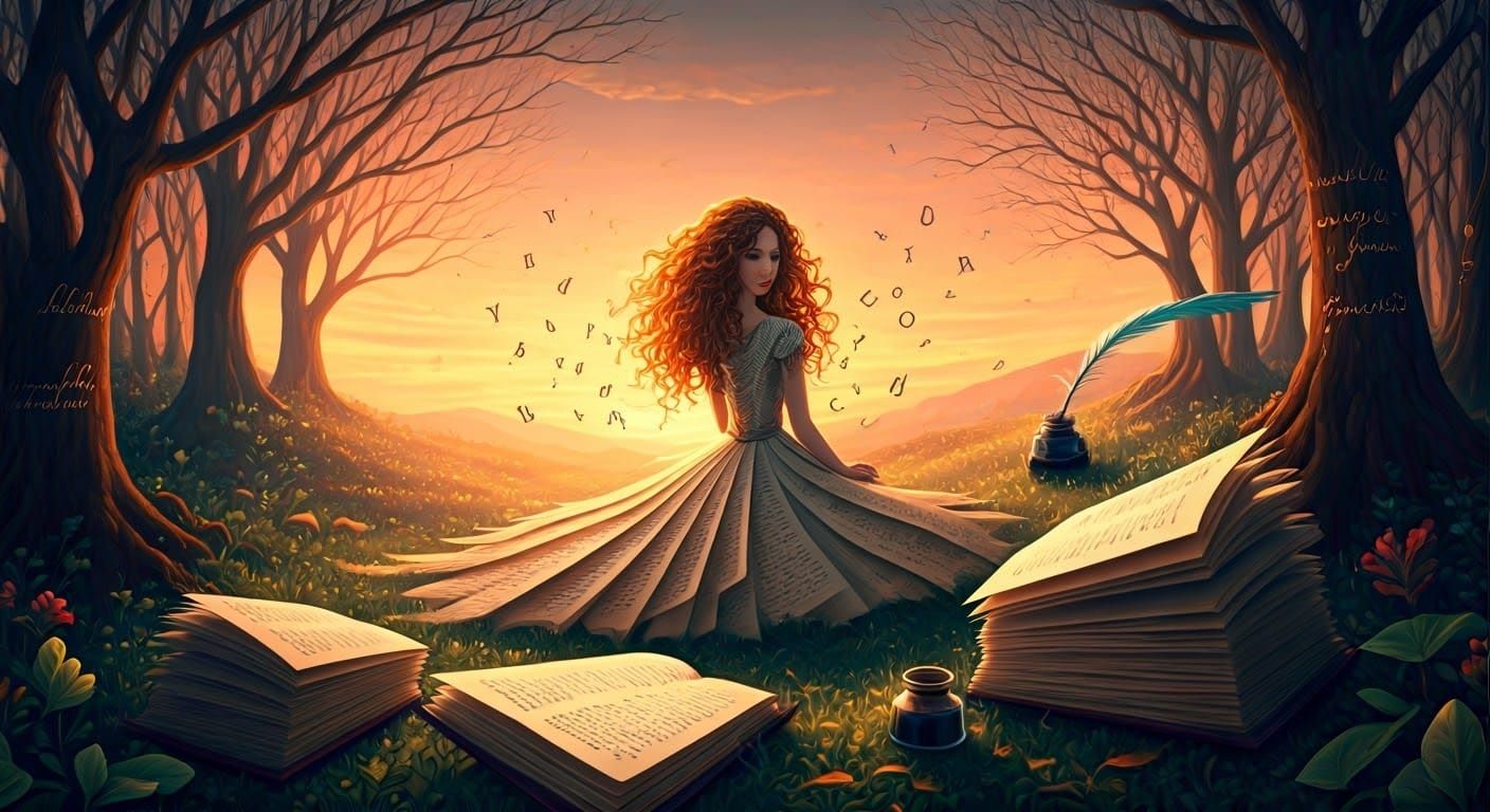 Whimsical Maiden in Dreamlike Literary Landscape