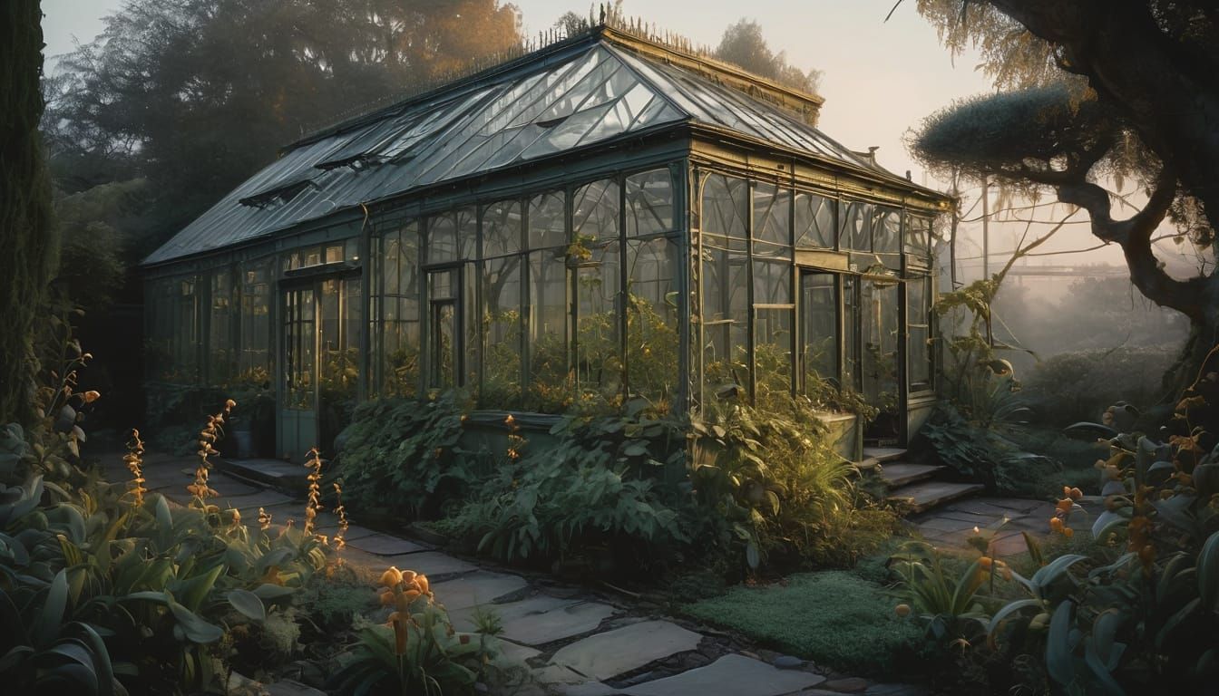 Eerie Overgrown Greenhouse in Impressionist Watercolor