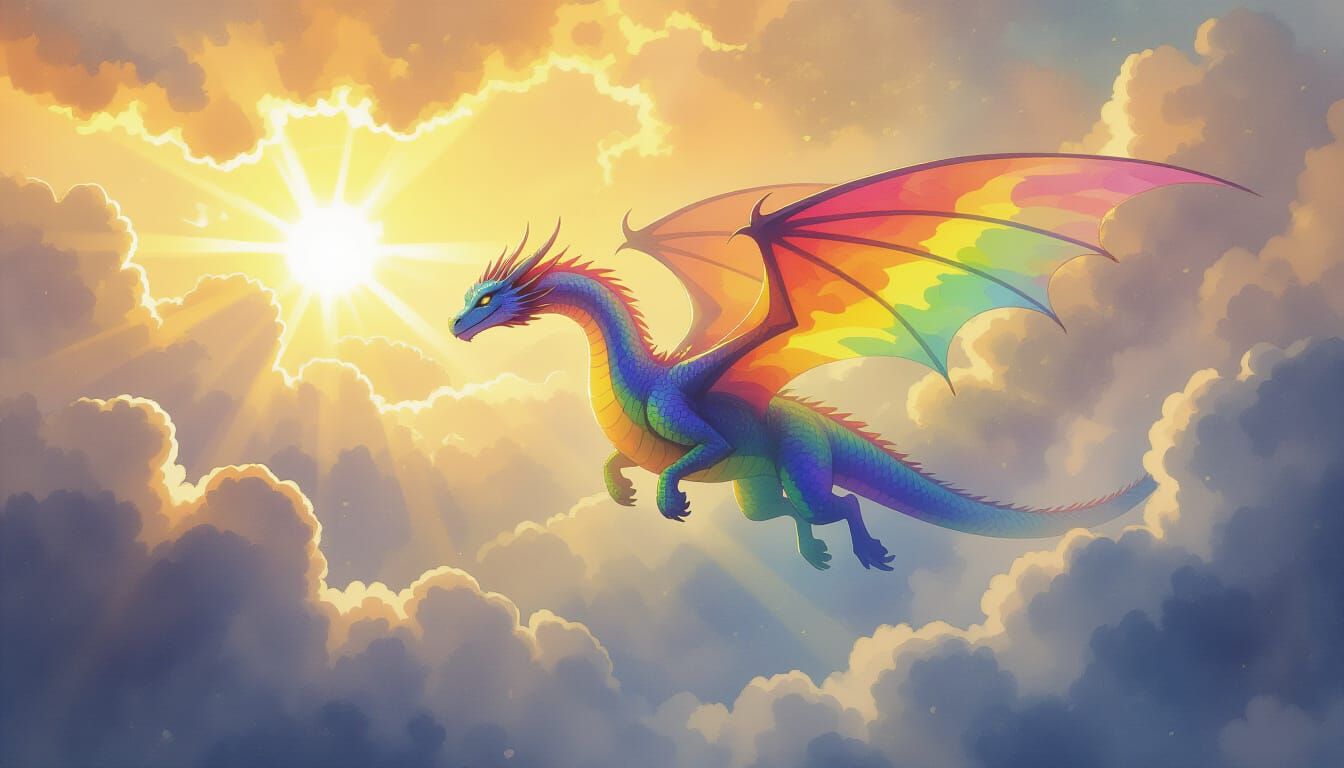 Rainbow Dragon Soars Through Sunlit Clouds