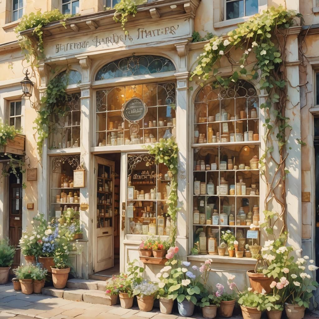Charming Watercolor-Style Apothecary Storefront