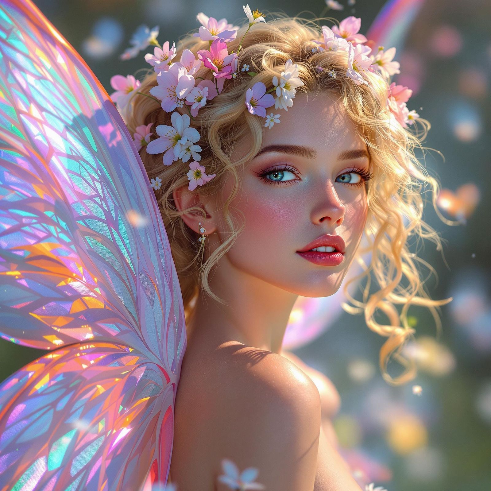 Ethereal Spring Fairy with Wildflowers in Her Hair and Iride...