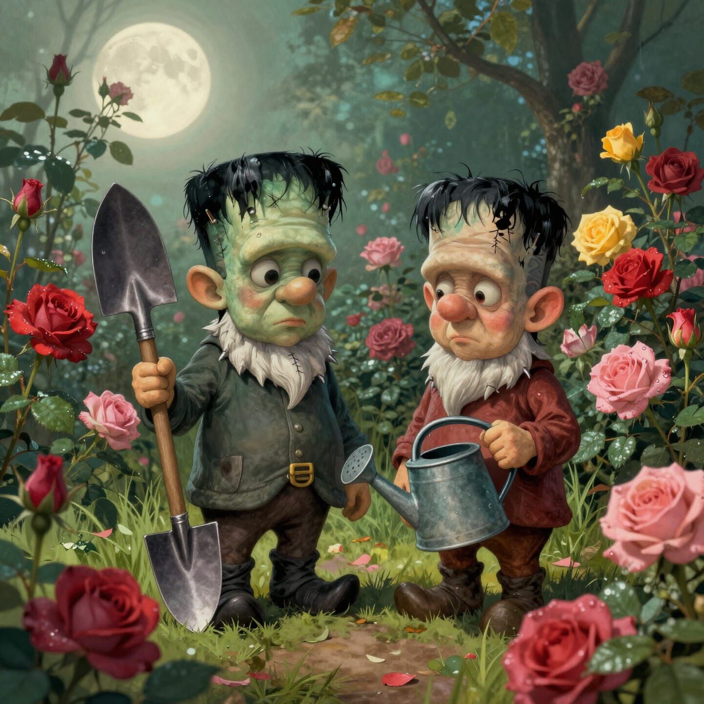 Frankenstein Gnomes Guarding a Rose Garden