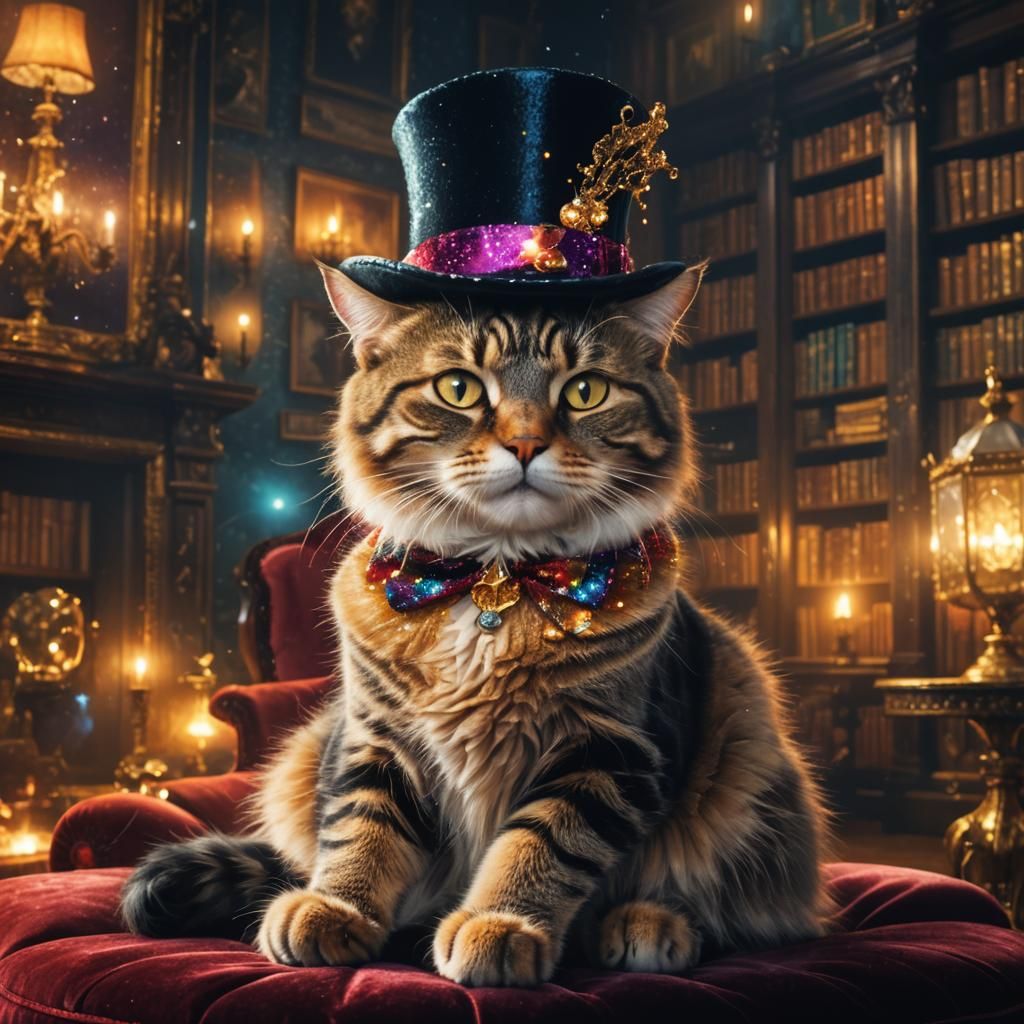 Cat in Top Hat on Velvet Armchair: Fantasy Art