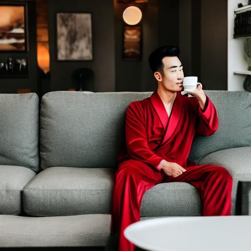 Relaxed Asian Man Enjoying Tea on Sunday Afternoon