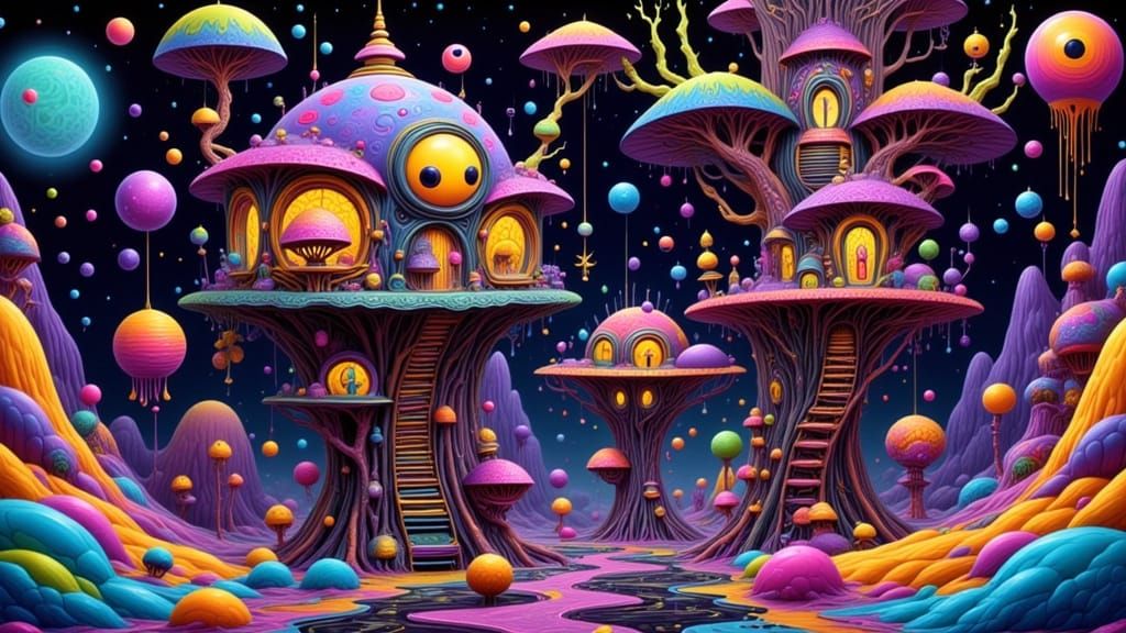 Whimsical Alien Treehouse in Vibrant Graffiti Style