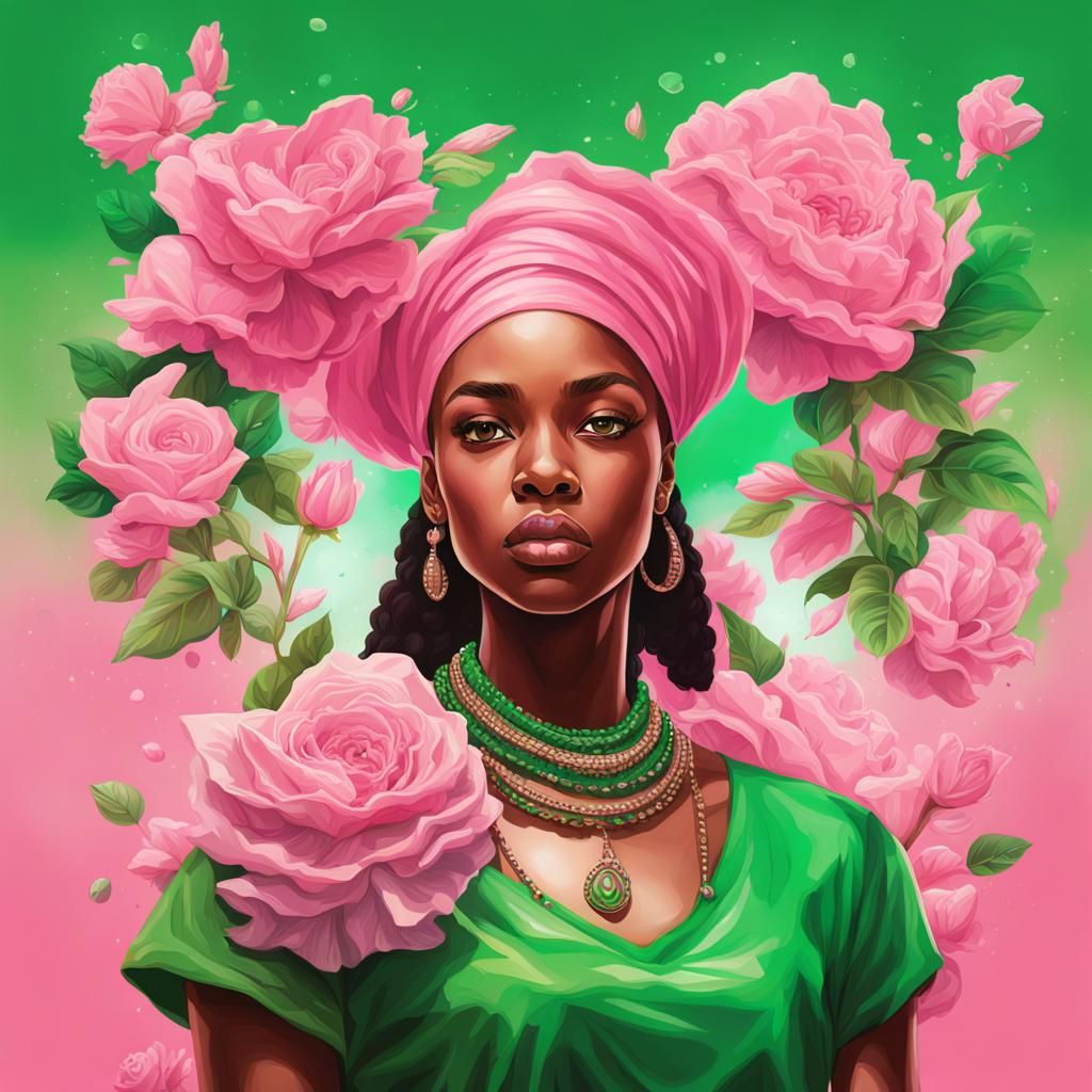 AKA Sorority Sisters in Pink and Green, Hyperrealistic