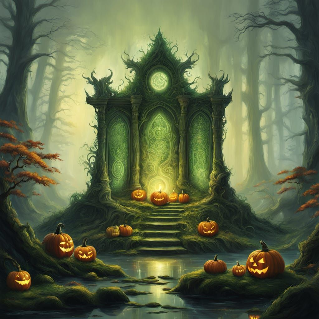 Mystical Glowing Pumpkins on Enchanted Forest Altar