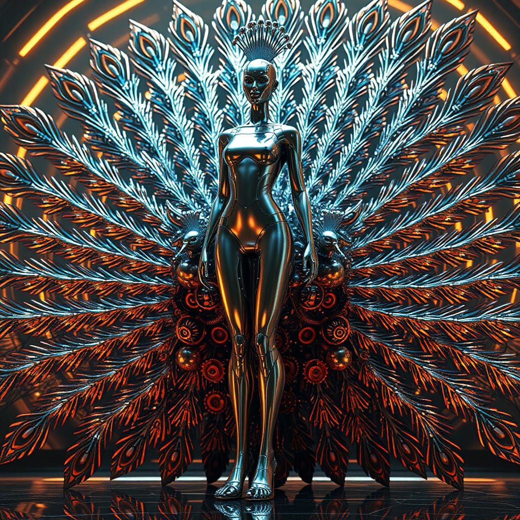 Mesmerizing Cybernetic Peacock Woman in Futuristic Landscape