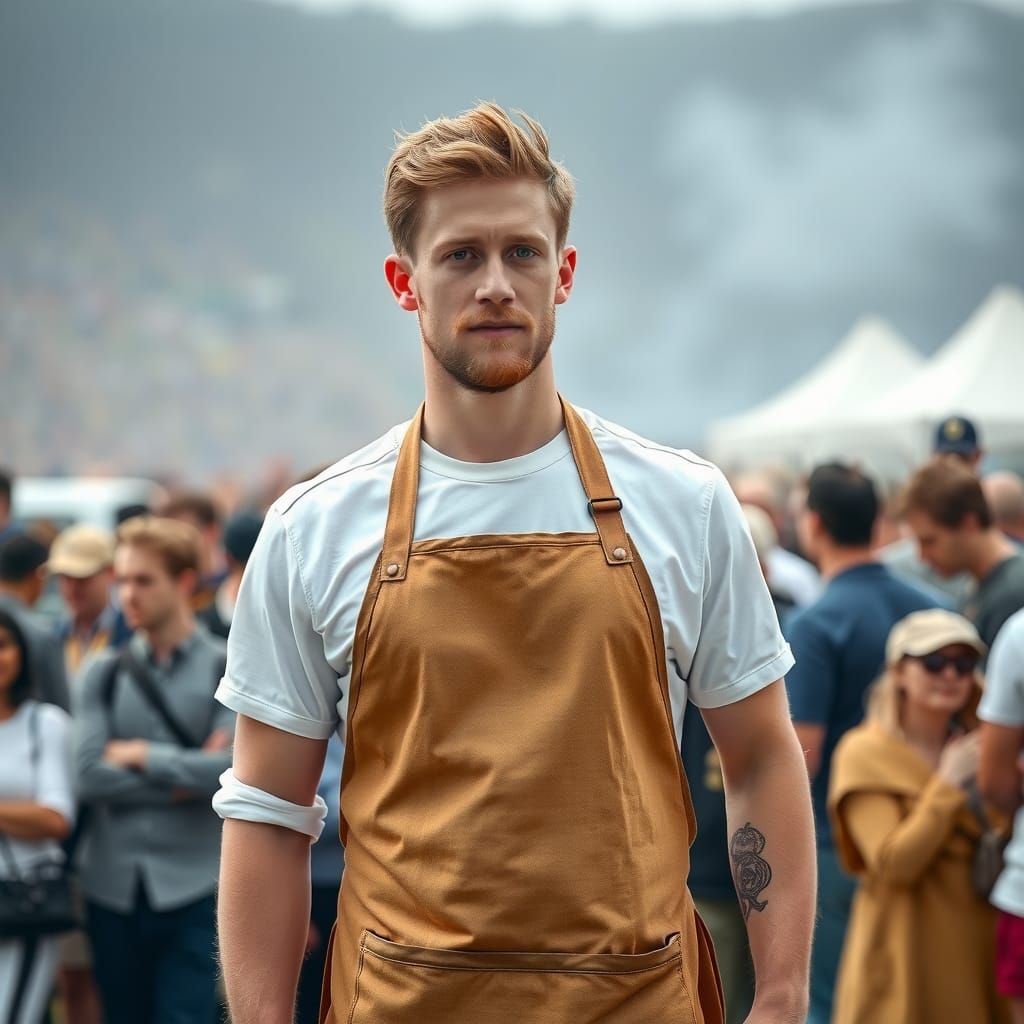 Man in Apron Before Crowd: Historical Painting Style