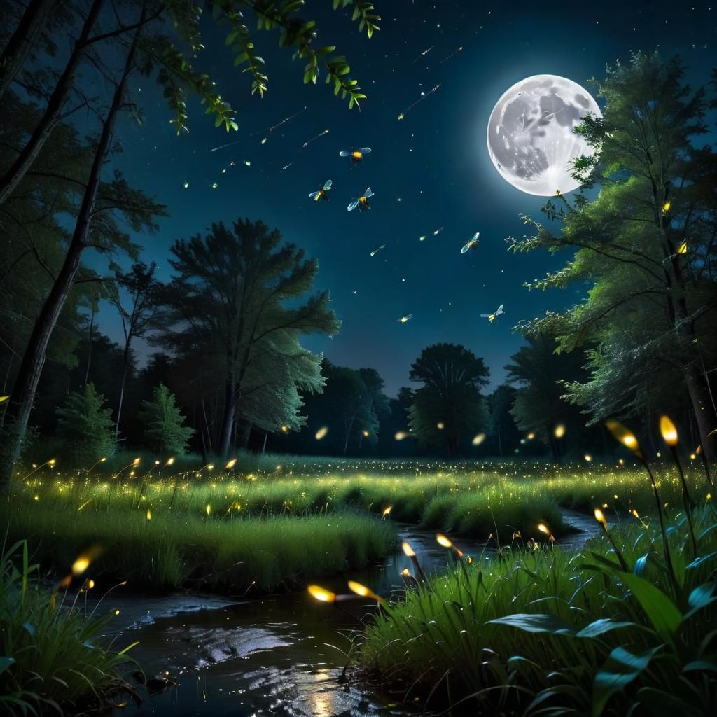 Fireflies at Night Under Full Moon, HDR Photo