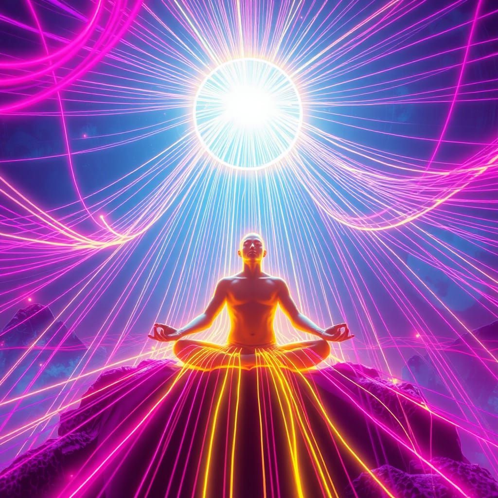 Human Figure in Meditation with Glowing Neon Strings