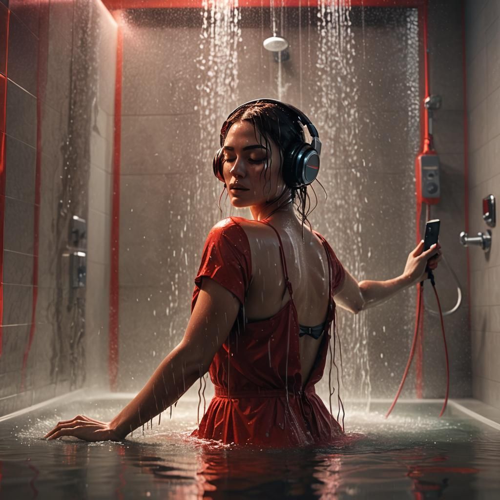 Woman in Shower Lost in Music: Hyperrealistic Art