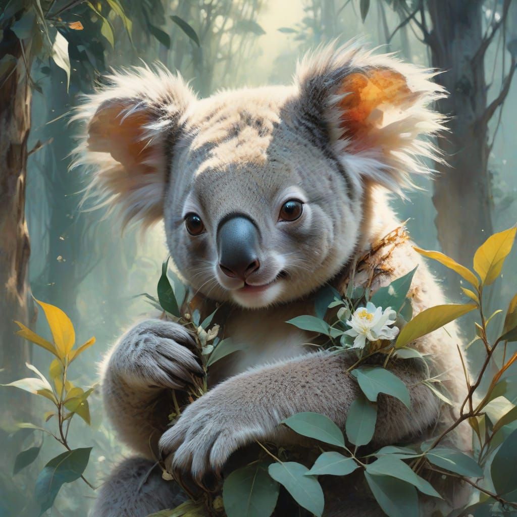 Ethereal Watercolor: Baby Koala in Enchanted Eucalyptus