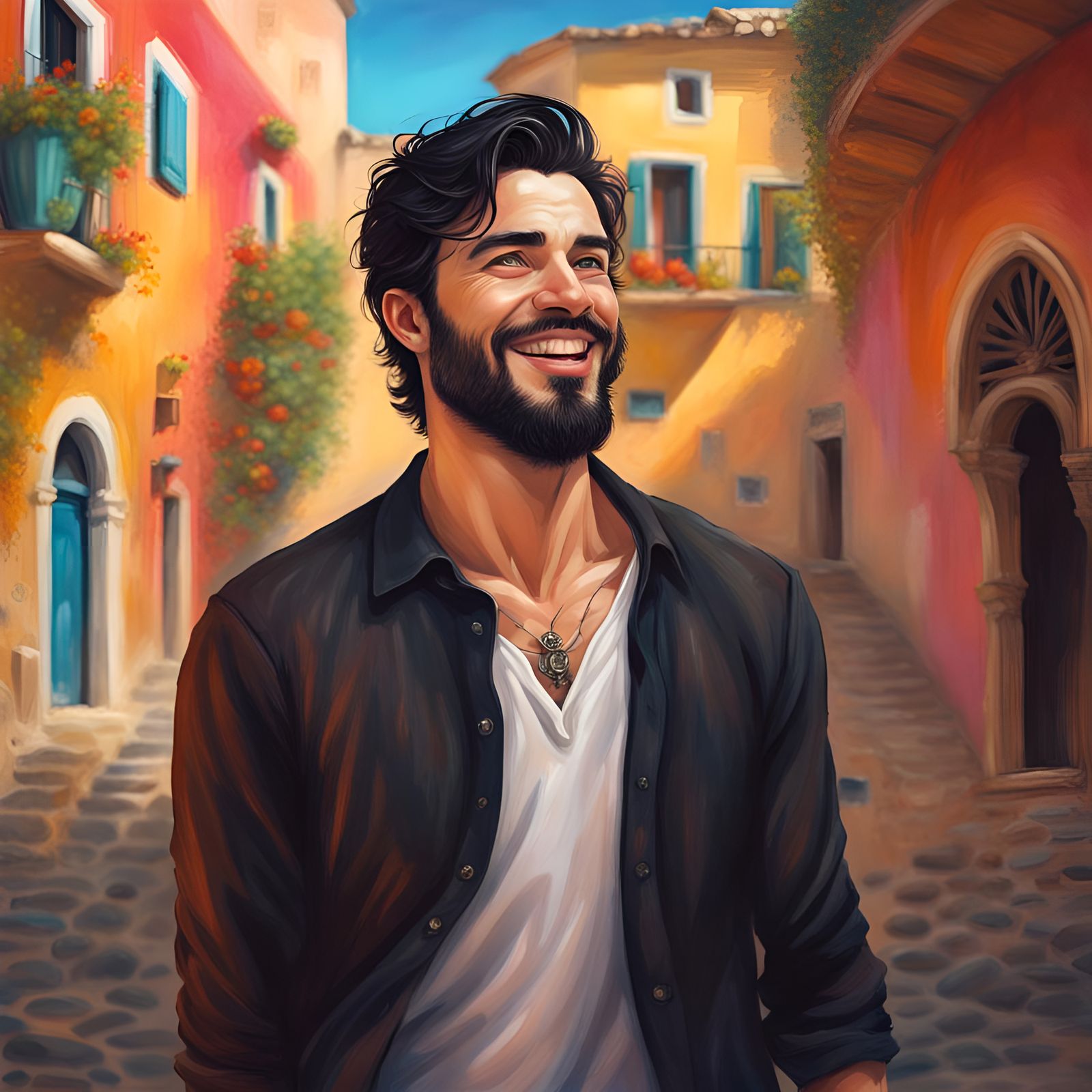 Happy Man in Sicilian Fantasy Landscape