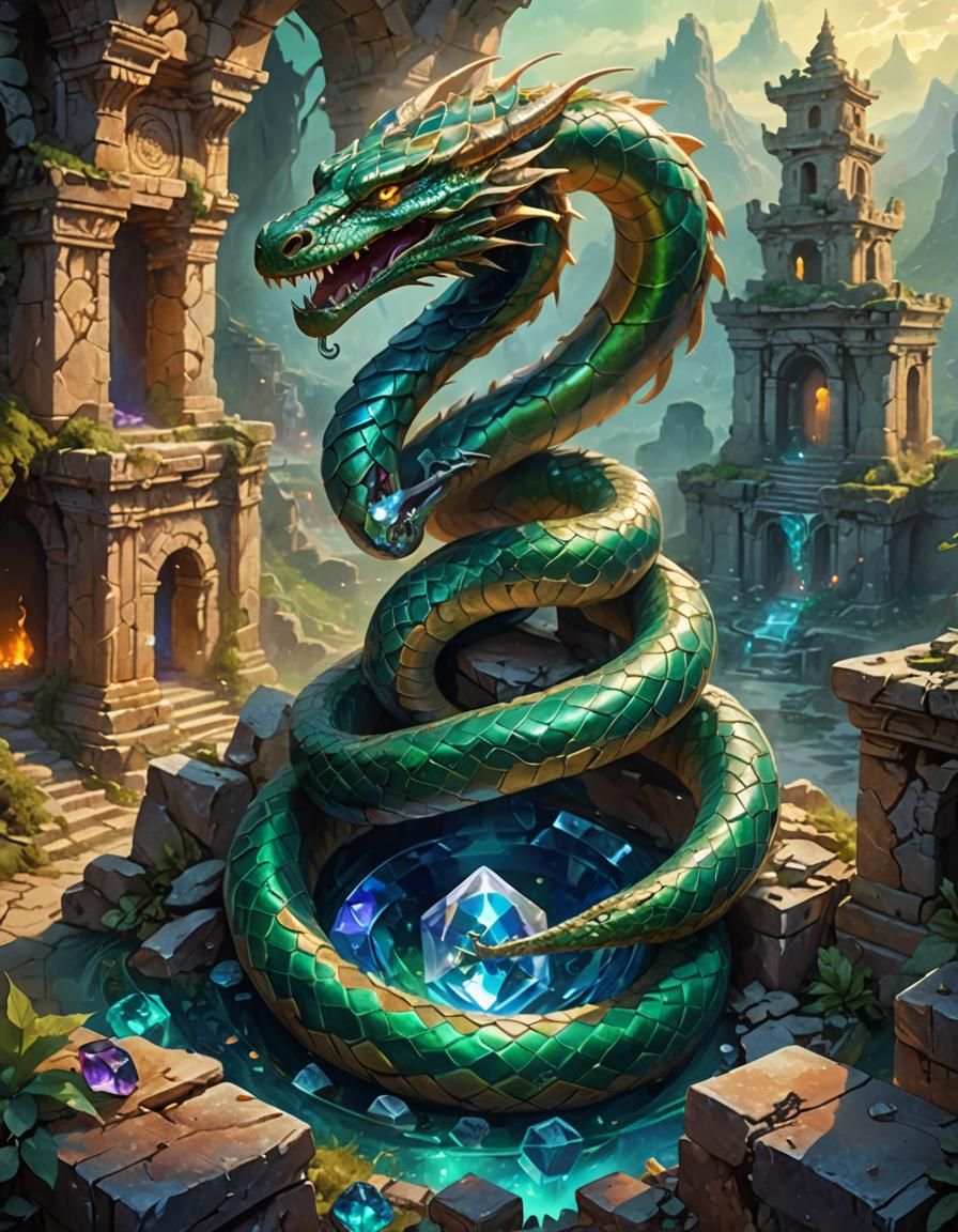 Mystical Dragon-Snake Hybrid Amidst Ancient Ruins
