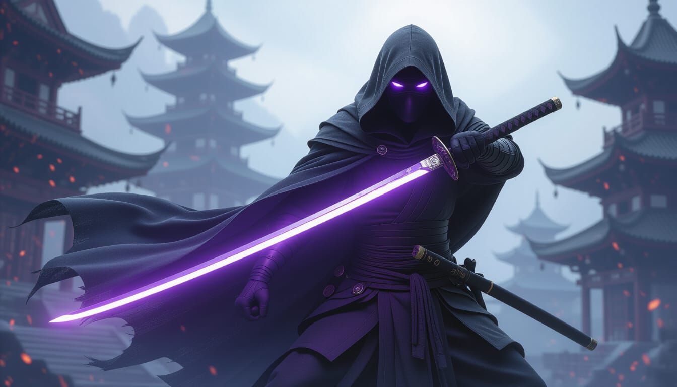 Hooded Ninja Warrior Defends Temple with Astral Katana