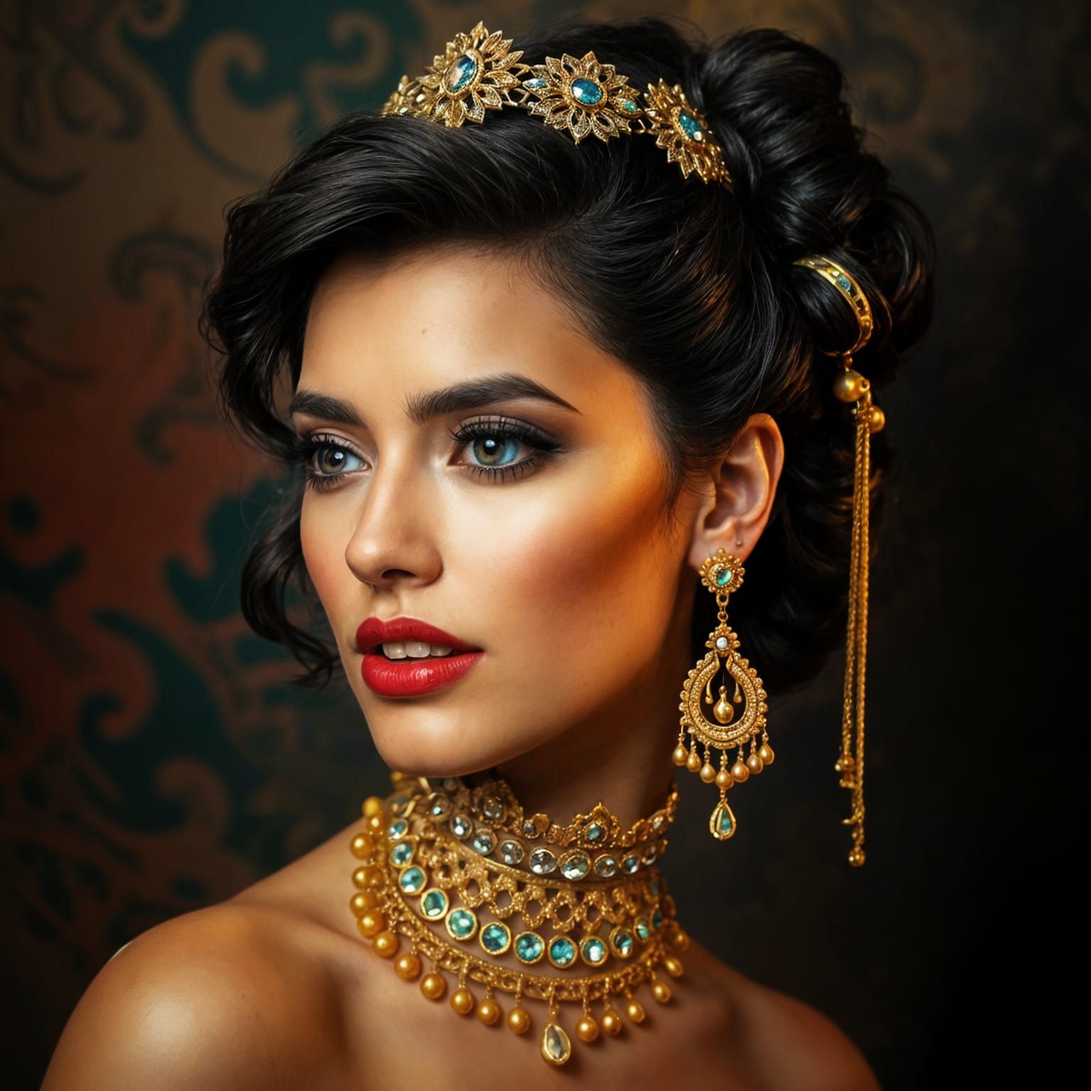 Woman with Gold Jewelry: Hyperrealistic Splash Art