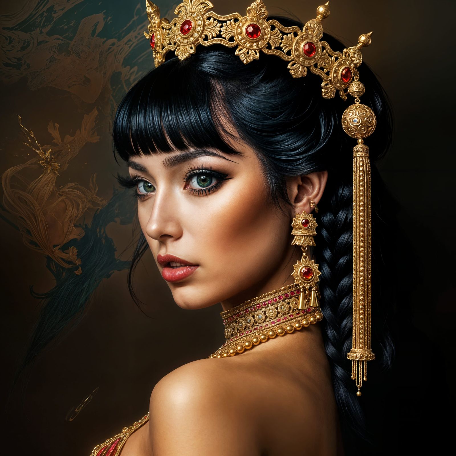 Woman with Golden Jewelry in Hyperrealistic Style