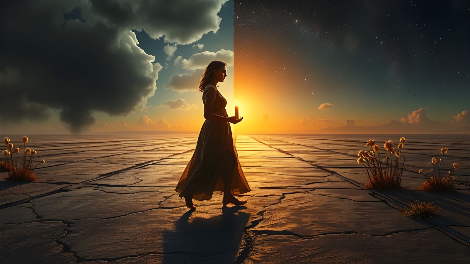 Surreal Cityscape Divided by Light and Shadow