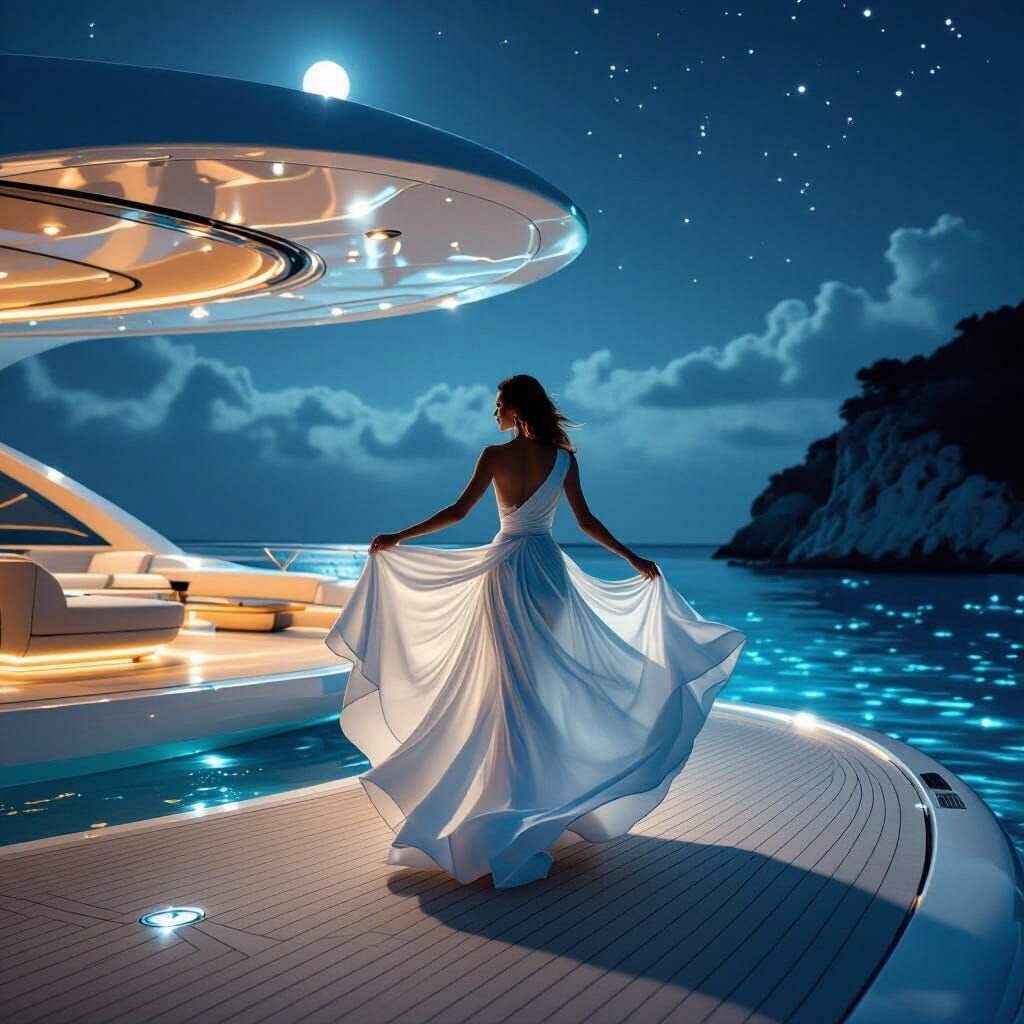 Futuristic Yacht in Bioluminescent Lagoon at Night