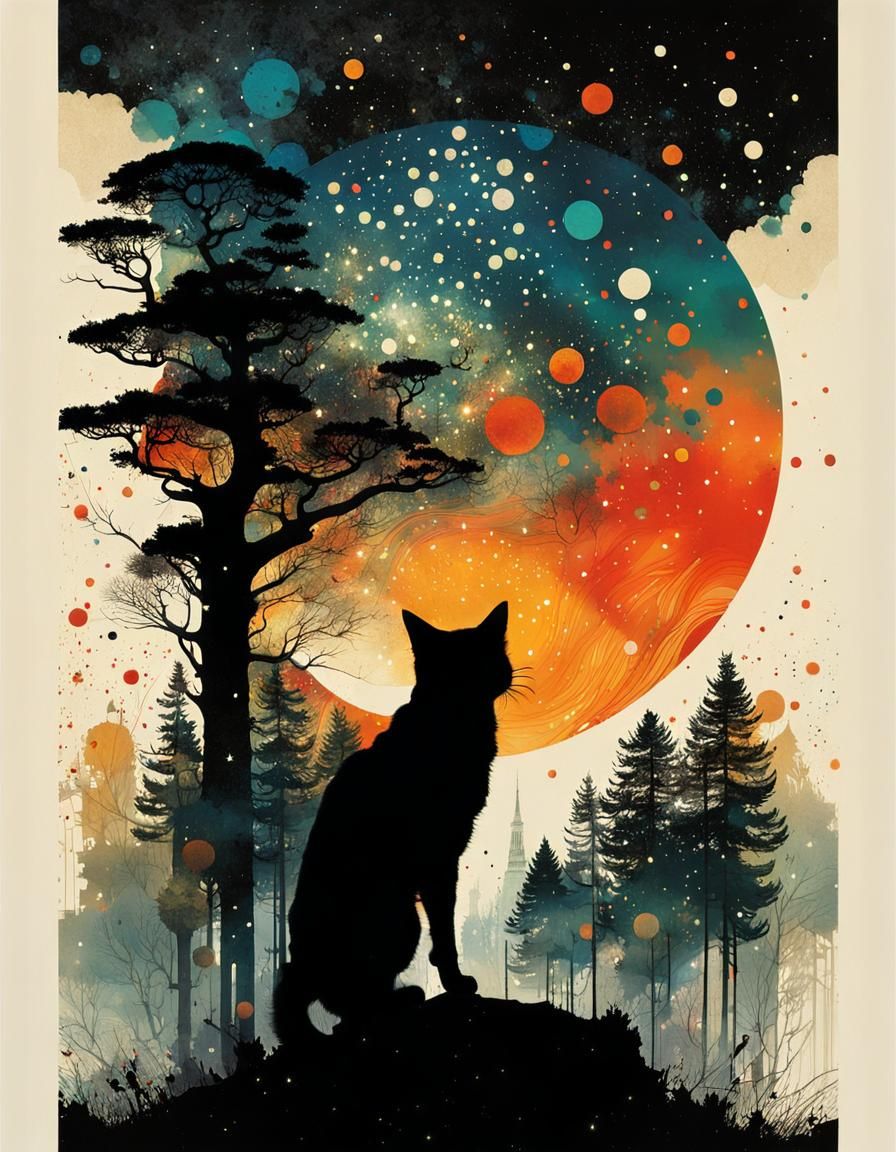 Galaxy Cat Dripping into World with Ink Splatter