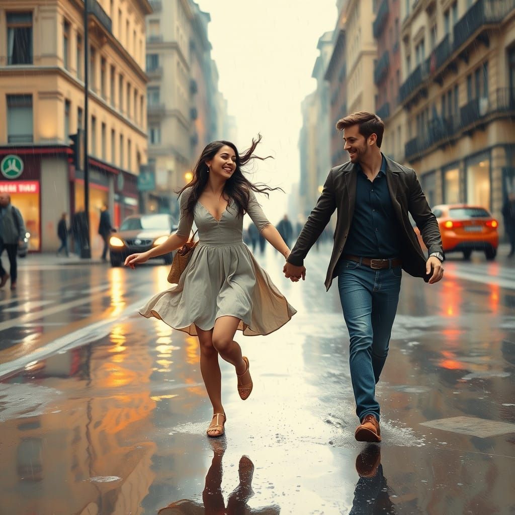 Couple Dancing in the Rain with Vibrant Colors