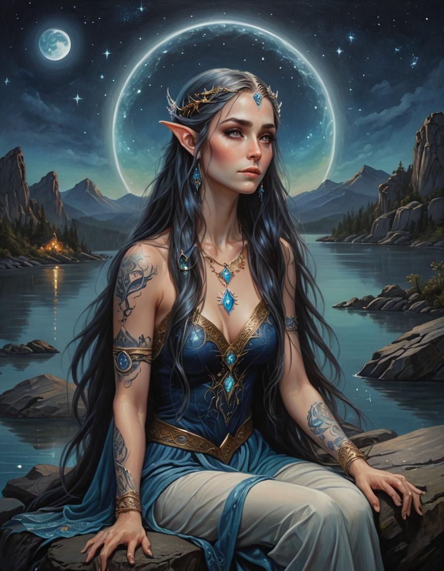 Elven Beauty with Bioluminescent Tattoos in Oil Painting