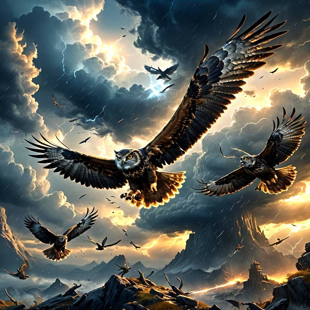 Eagles and Owls Battle in a Fantastical Sky