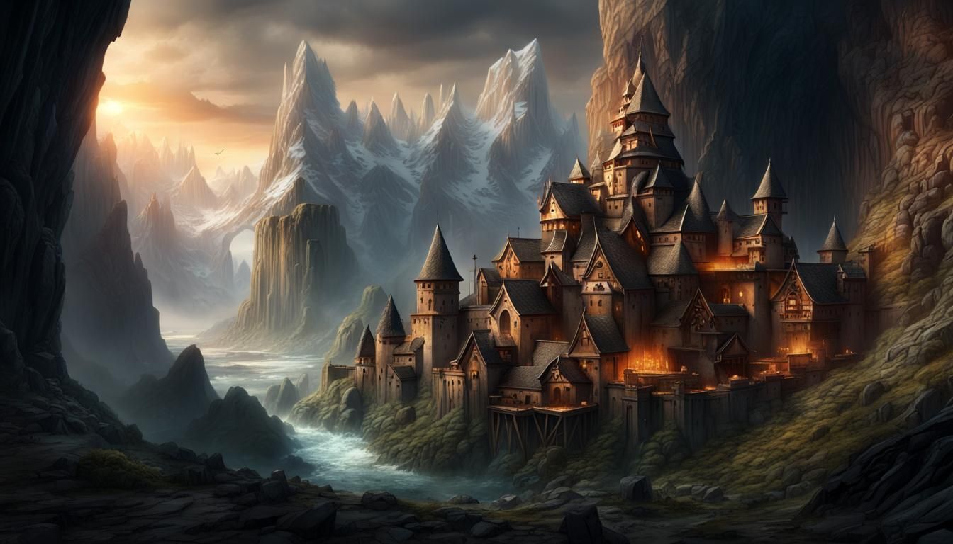 Epic Dwarven Fortress in Cave, Digital Matte Painting