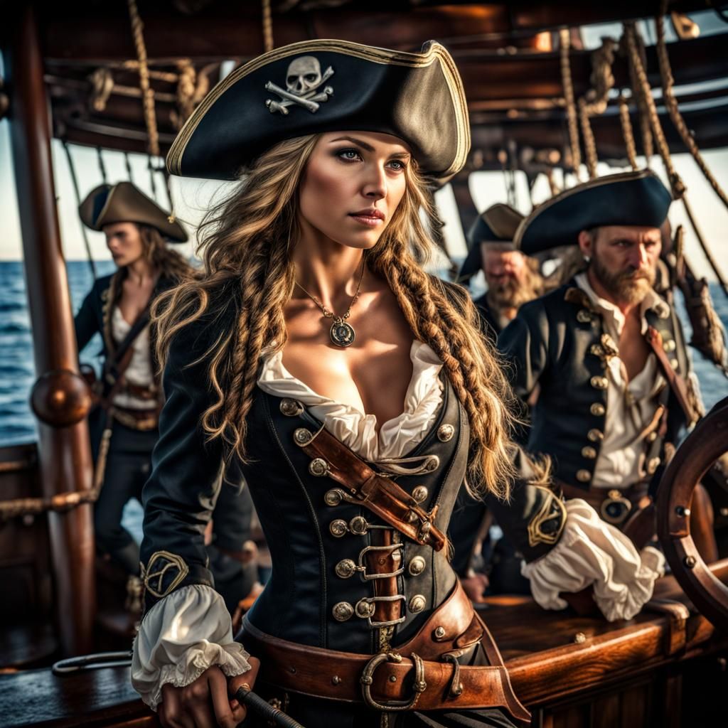 Hyperrealistic Female Pirate Captain Commands Her Crew