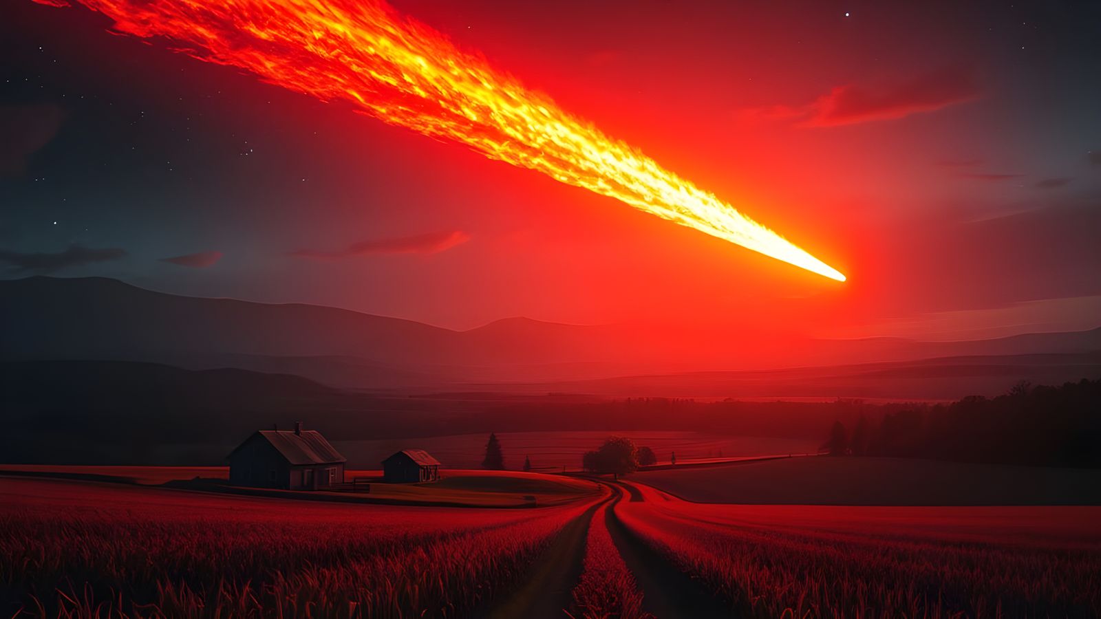 Meteor Streaking Across Night Sky Over Farm