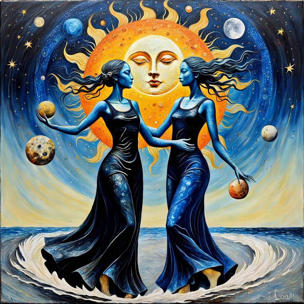 Sun and Moon Dance in Solar System Encaustic Painting