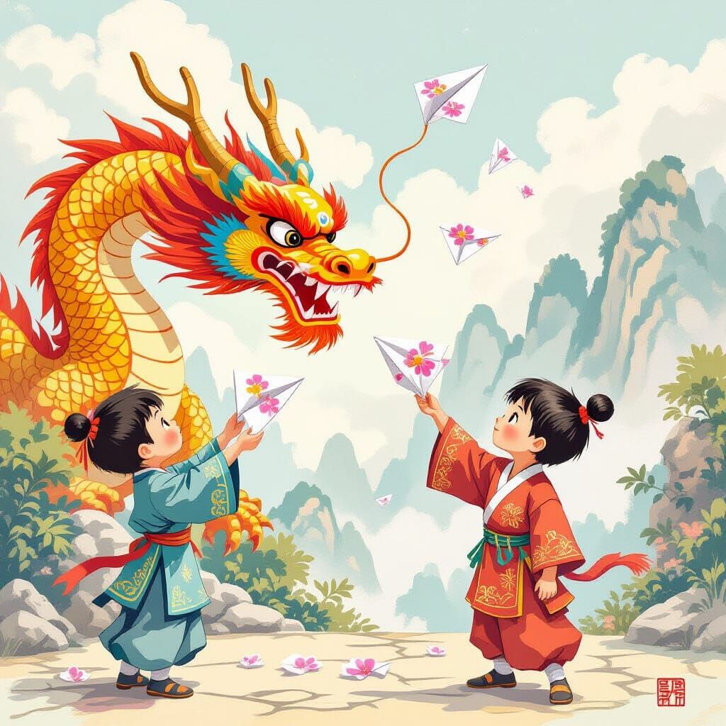 Boys Casting Orchid Planes at a Dragon in Whimsical Style