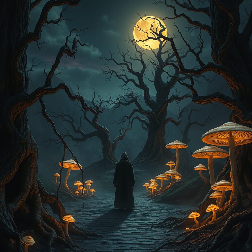 Mysterious Figure in a Haunting Ancient Forest