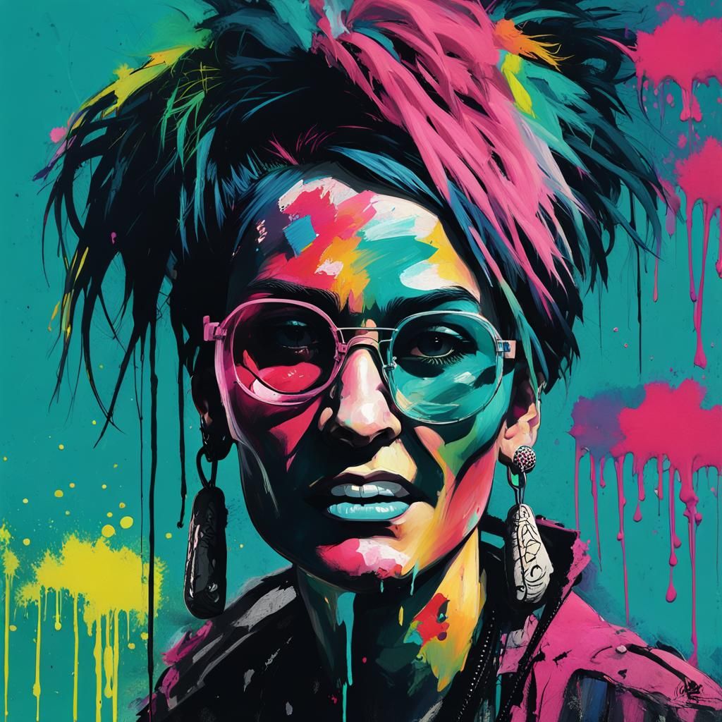 Afghan Punk Woman Portrait in Abstract Impasto Style