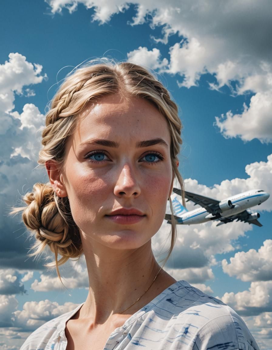 Blonde Woman Portrait with Airplane in Sky