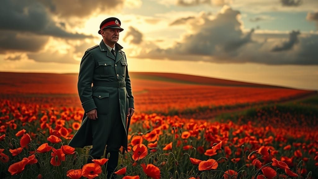 WWI Soldier in Poppy Field: Ansel Adams Style