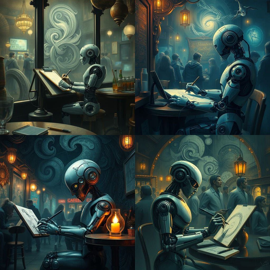 AI Robot Captures Whimsical Night Cafe Scene in Fantasy Art...