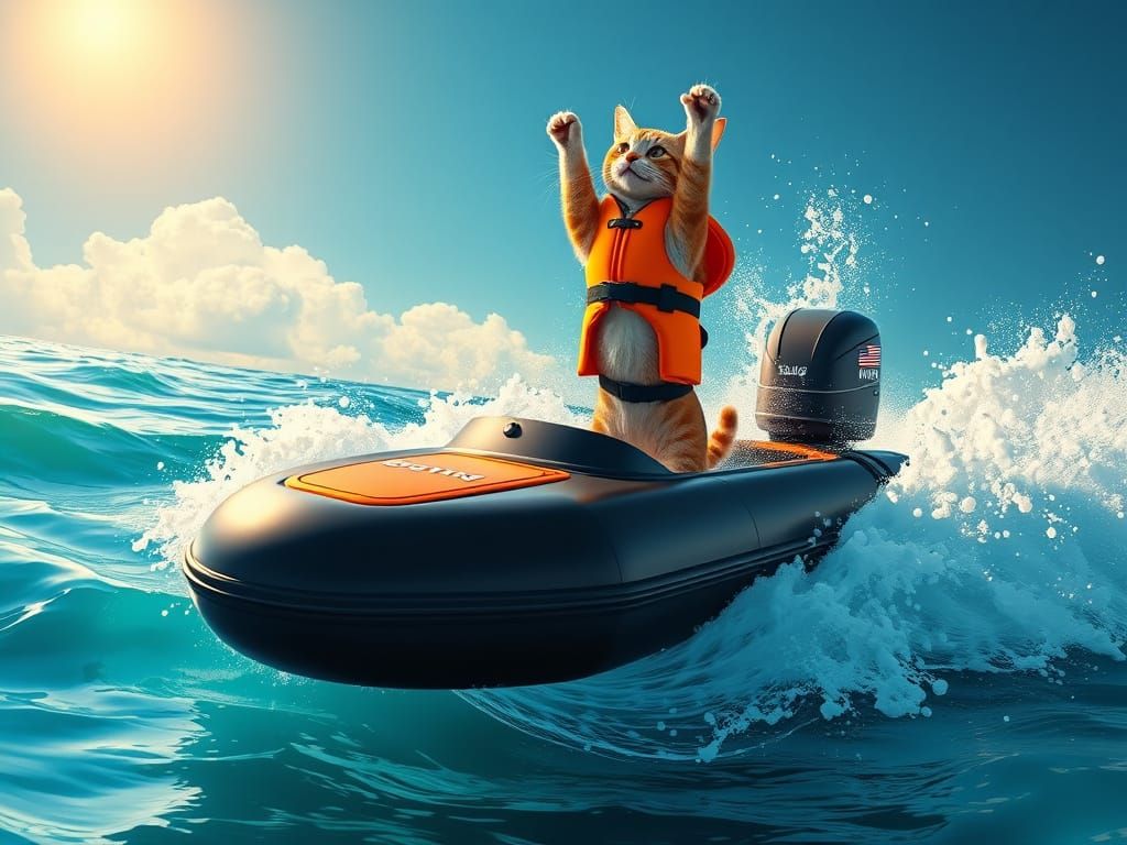 Cat Boating on Turquoise Sea in Futuristic Style
