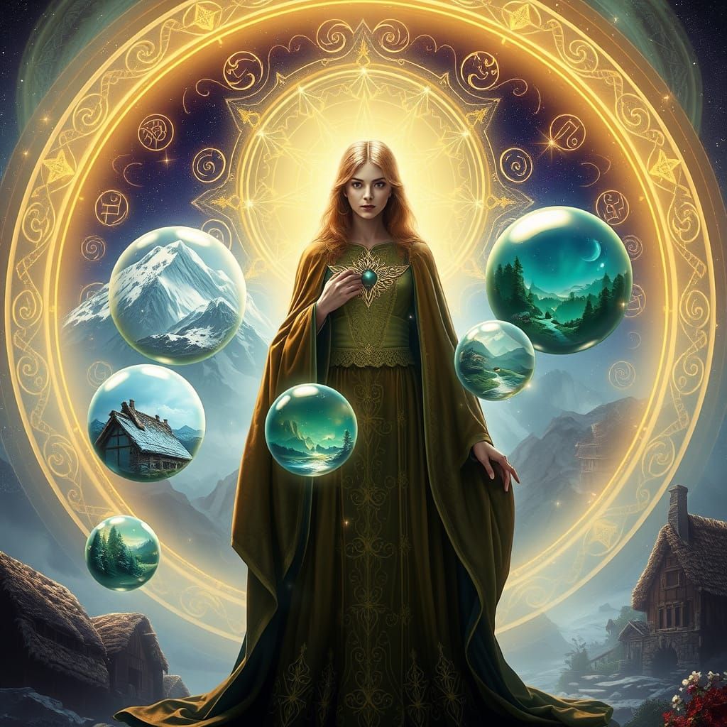 Mystical Sorceress Surrounded by Glowing Sigils and Transluc...