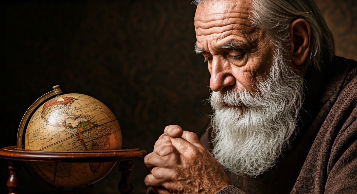 Elderly Man Lost in Thought, Radiant with Wisdom and Introsp...