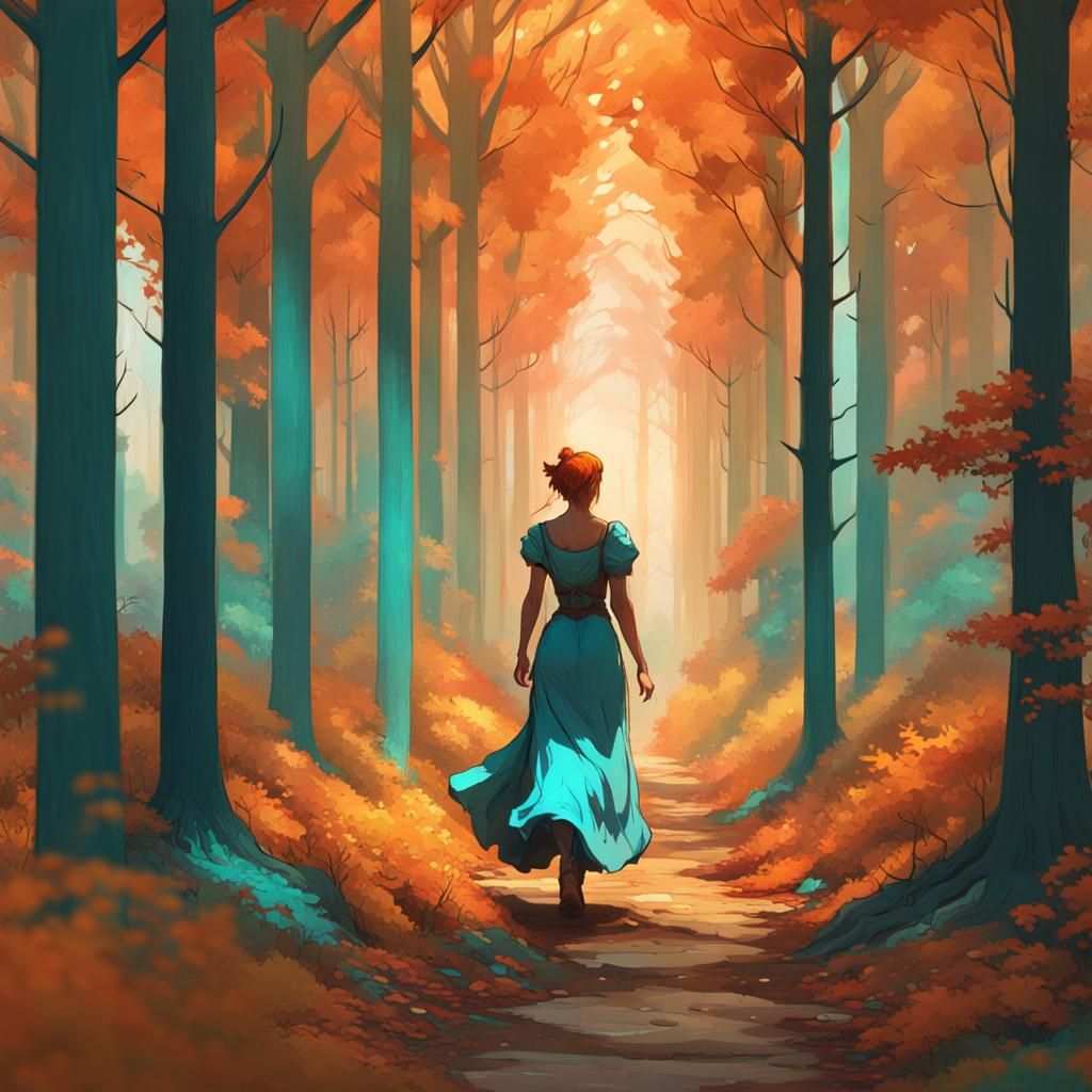 Woman's Forest Journey: Hyperdetailed Digital Art