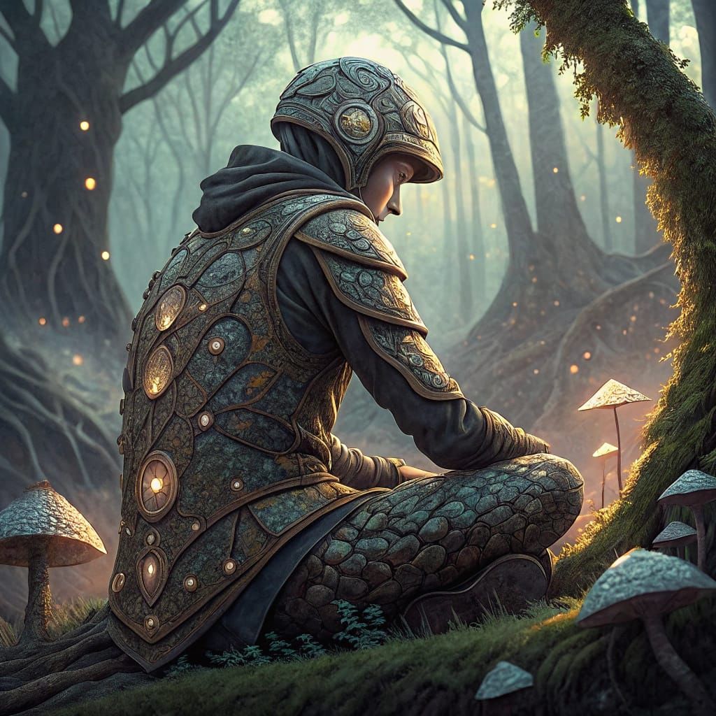 Mysterious Figure in Organic Armor Surrounded by Ethereal Fo...